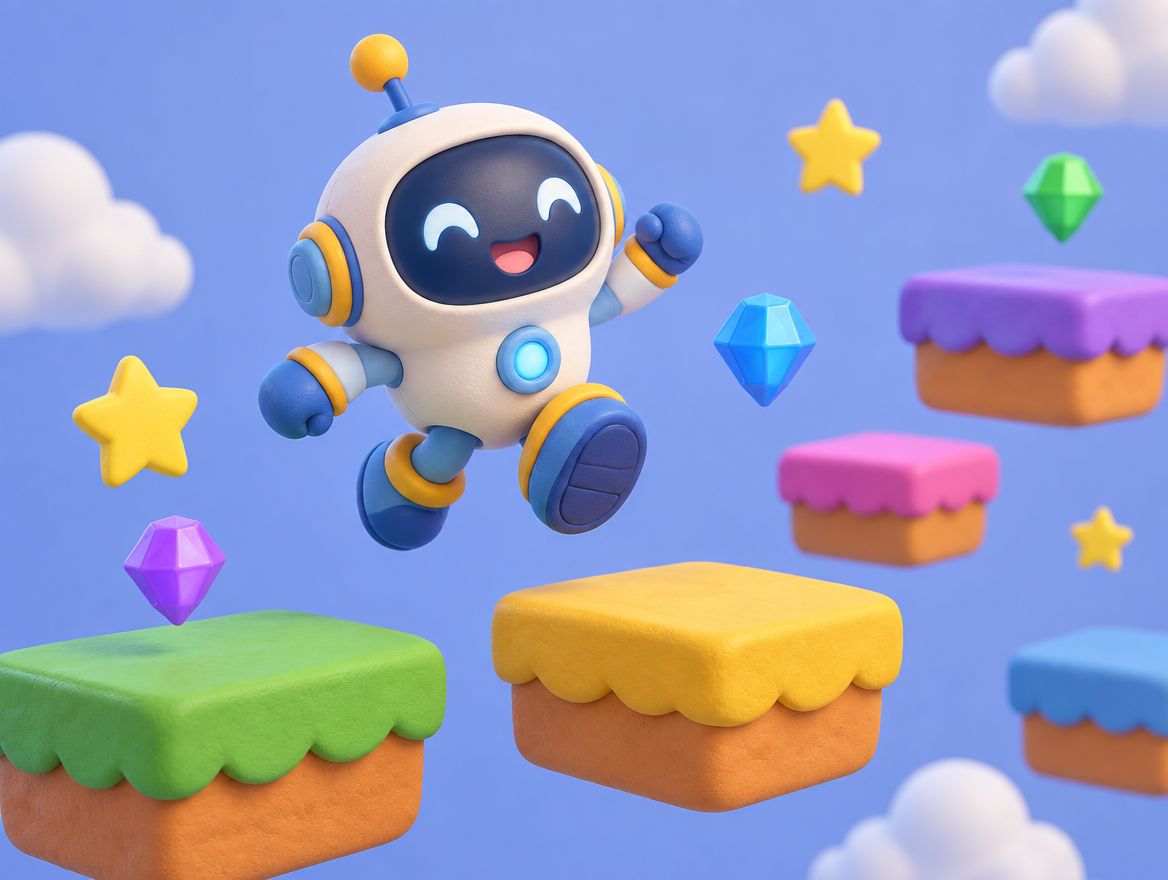 A robot jumping between colourful platforms in a game