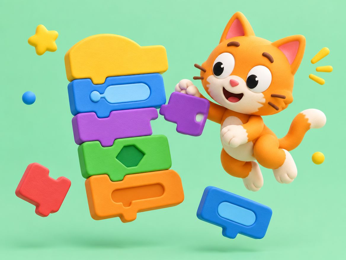 A cartoon cat stacking colourful code blocks